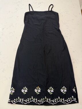 Y2K City Triangles Black Midi Slip Dress with Floral Embroidery made in USA